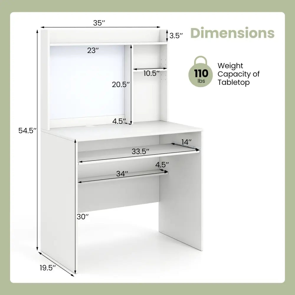 Compact Office Computer Desk with Hutch Magnetic Whiteboard-White - White - Computer Desks