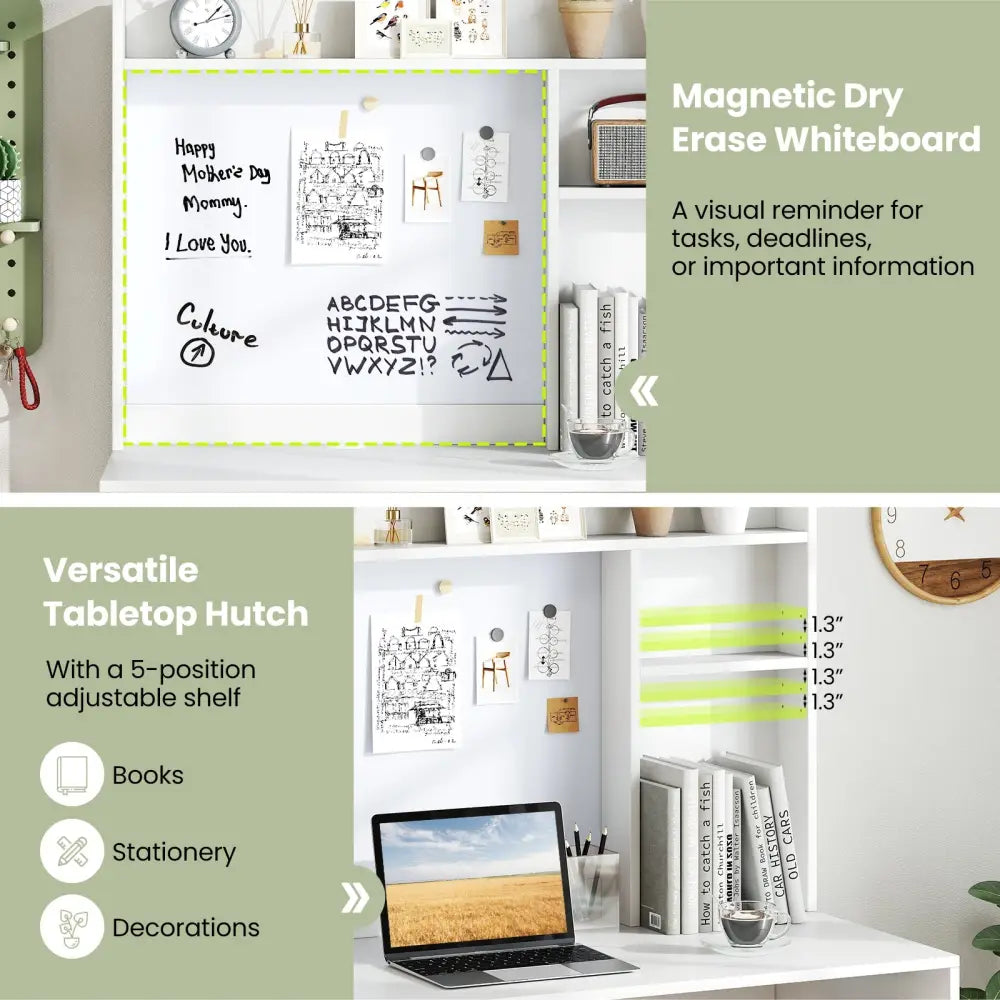 Compact Office Computer Desk with Hutch Magnetic Whiteboard-White - White - Computer Desks