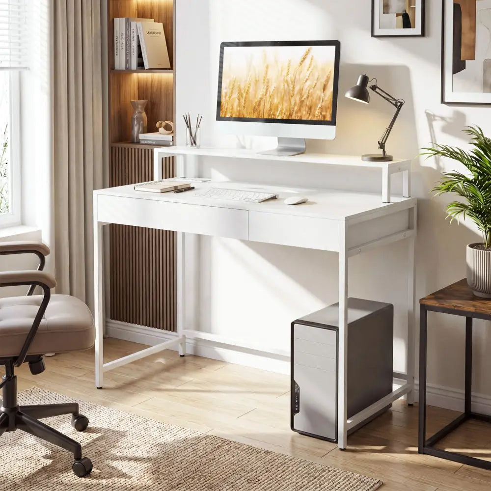 Compact Office Desk with Removable Monitor Shelf and Dual-use Drawer-White - White - Computer Desks