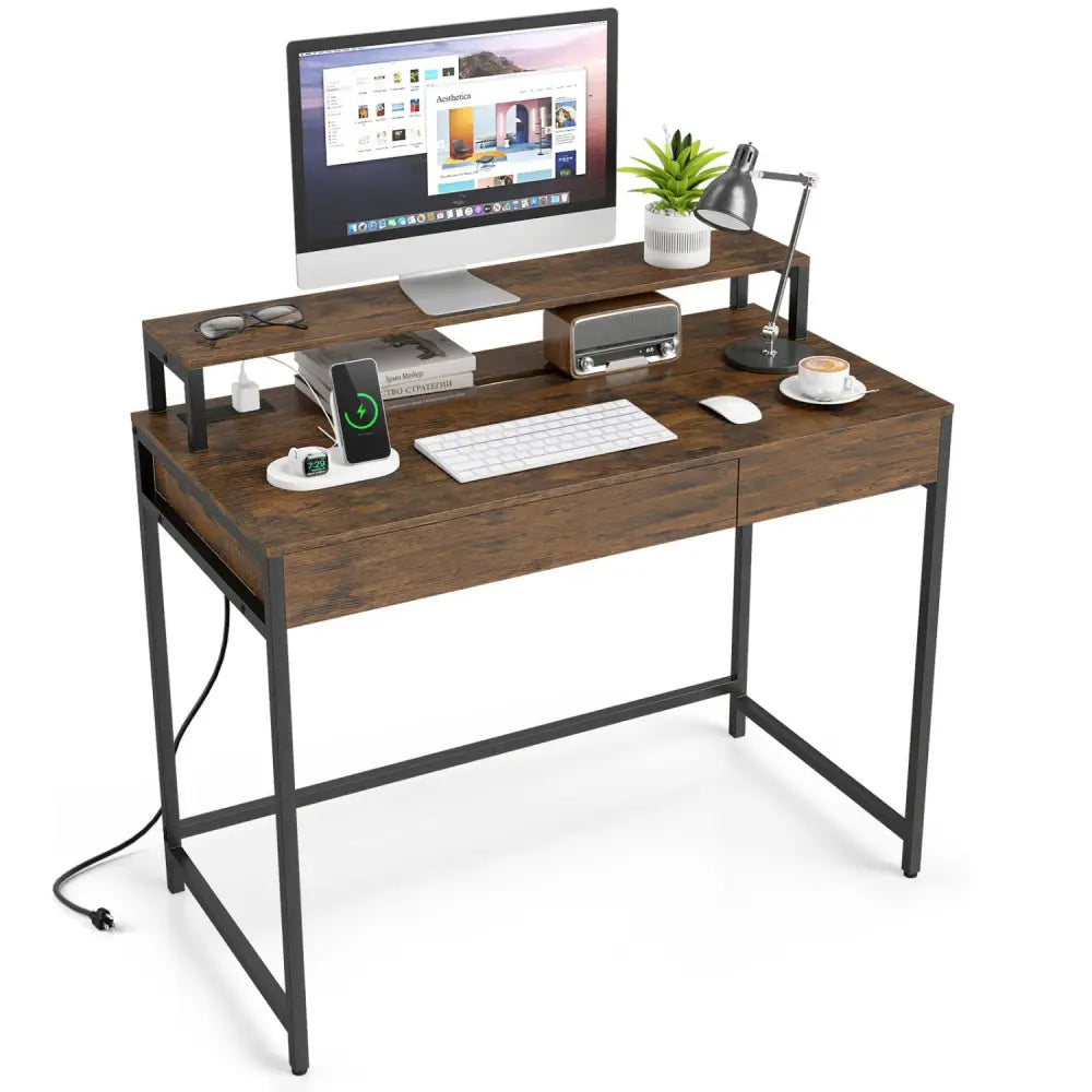 Compact Office Desk with Removable Monitor Shelf and Dual-use Drawer-Rustic Brown - Rustic Brown - Computer Desks