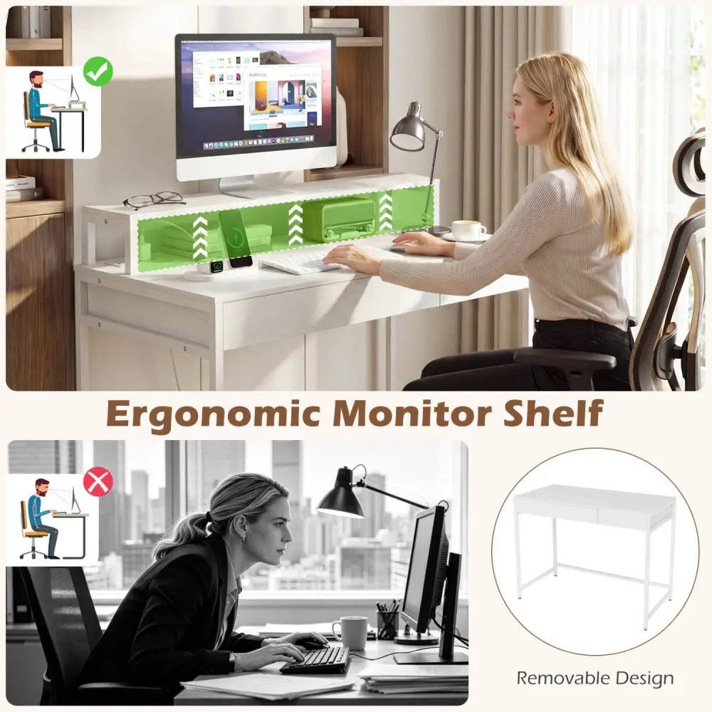 Compact Office Desk with Removable Monitor Shelf and Dual-use Drawer-White - White - Computer Desks