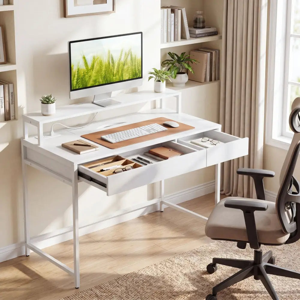 Compact Office Desk with Removable Monitor Shelf and Dual-use Drawer-White - White - Computer Desks