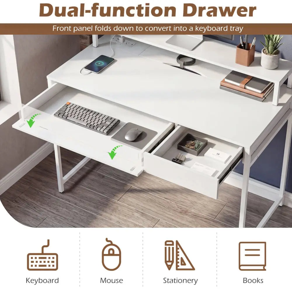 Compact Office Desk with Removable Monitor Shelf and Dual-use Drawer-White - White - Computer Desks