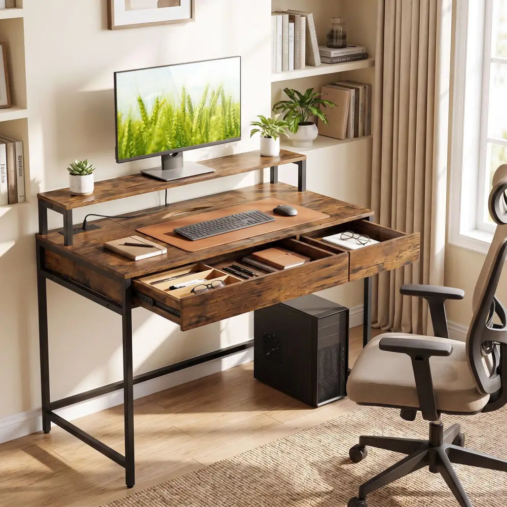 Compact Office Desk with Removable Monitor Shelf and Dual-use Drawer-Rustic Brown - Rustic Brown - Computer Desks