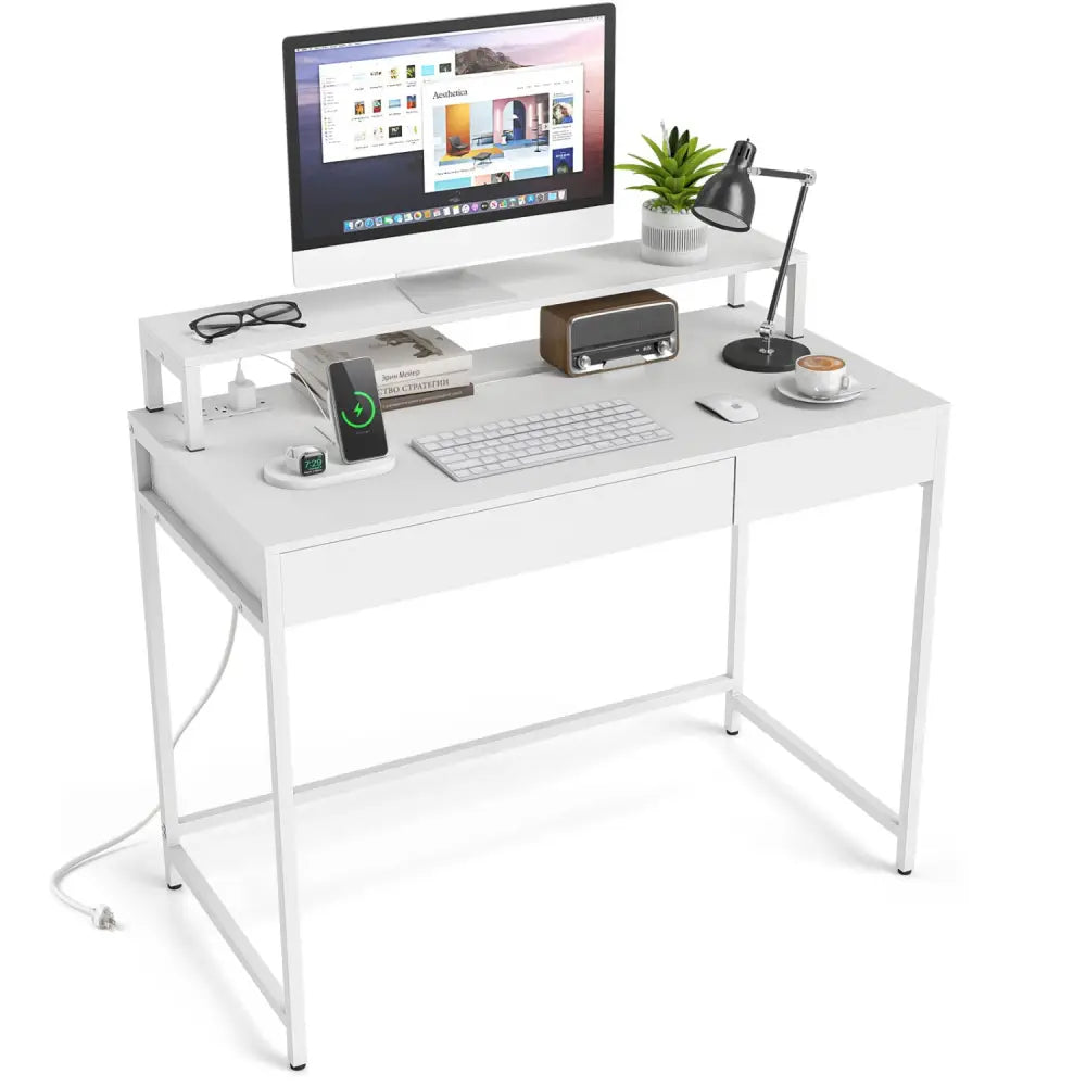 Compact Office Desk with Removable Monitor Shelf and Dual-use Drawer-White - White - Computer Desks