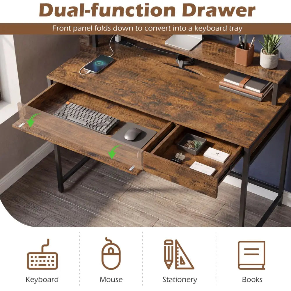 Compact Office Desk with Removable Monitor Shelf and Dual-use Drawer-Rustic Brown - Rustic Brown - Computer Desks