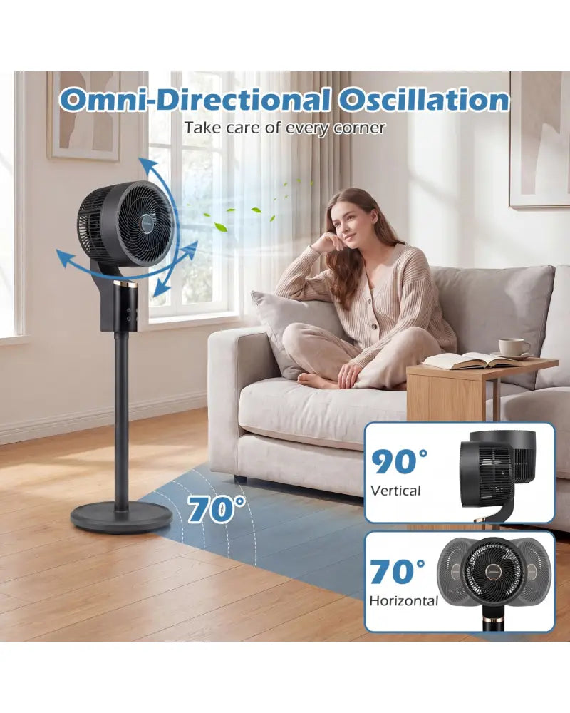 Compact Oscillating Standing Fan with 70° Oscillation and 90° Tilt for Home Office-Black - Black - Fans