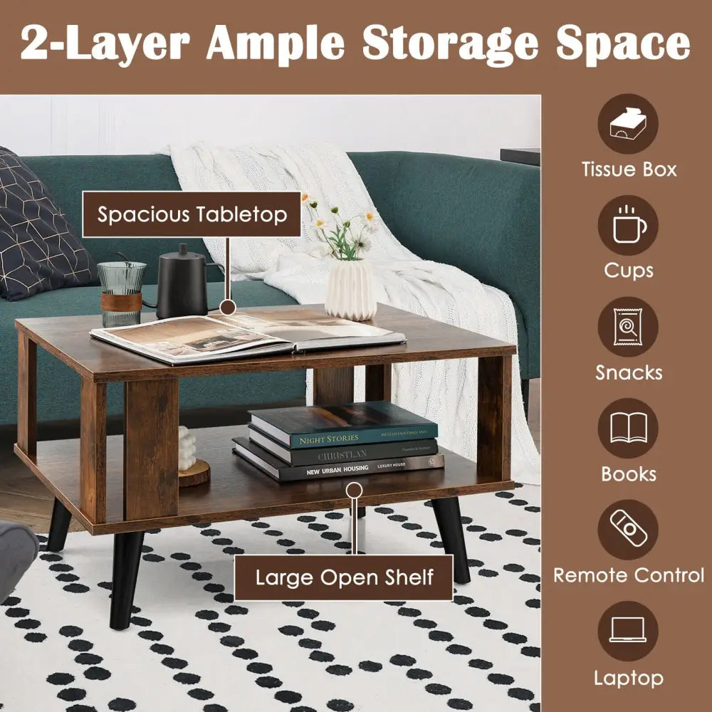 Compact Retro Mid-Century Coffee Table with Storage Open Shelf-Rustic Brown - Rustic Brown - Coffee Tables