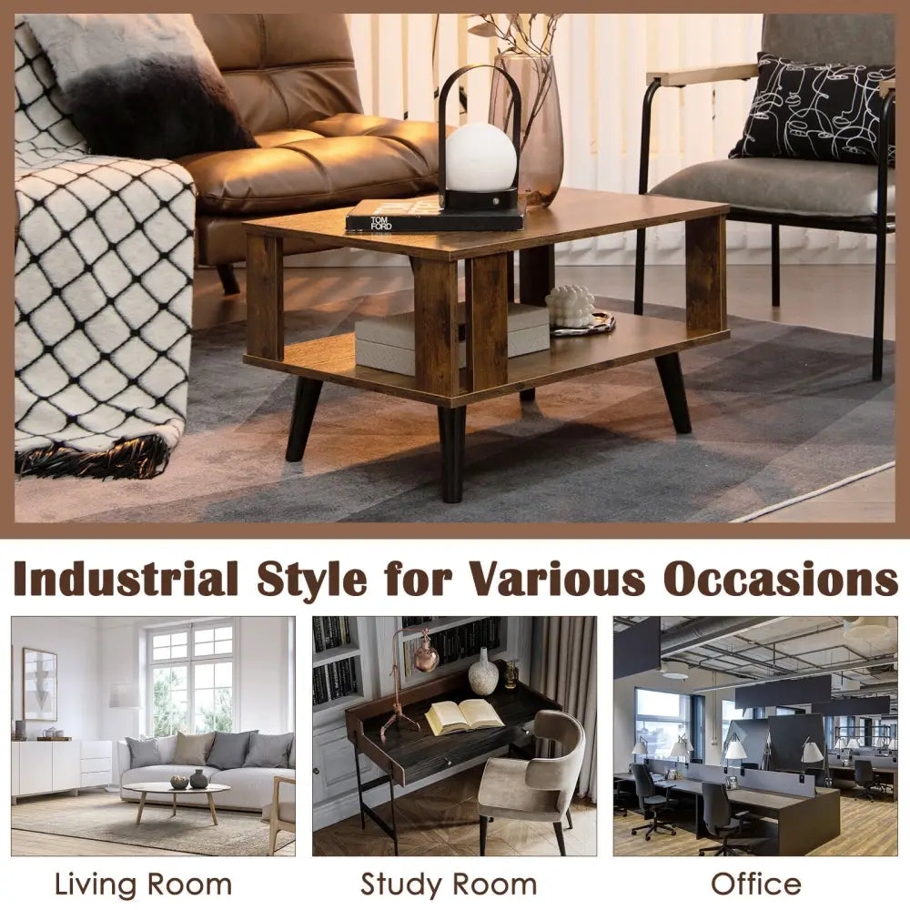 Compact Retro Mid-Century Coffee Table with Storage Open Shelf-Rustic Brown - Rustic Brown - Coffee Tables
