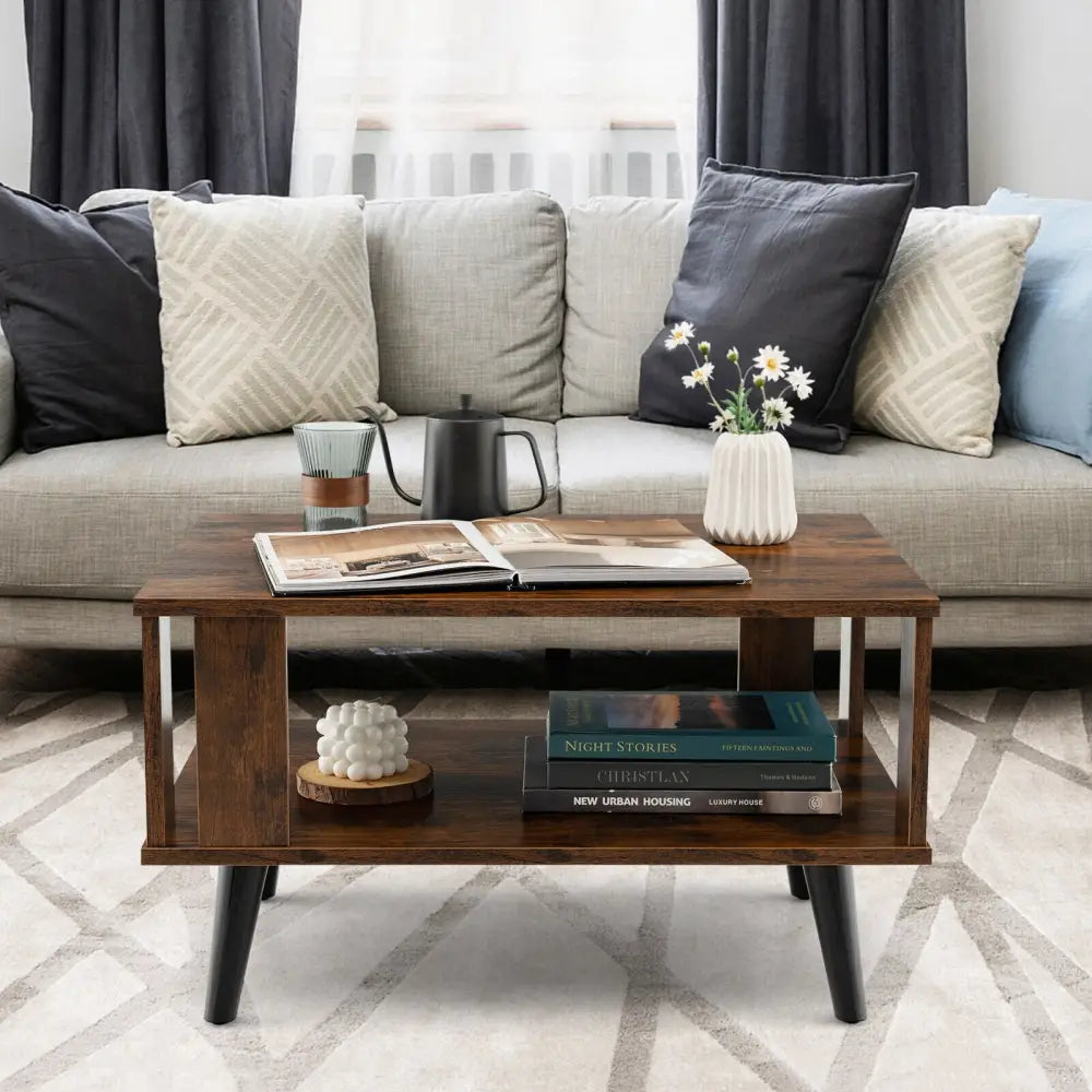 Compact Retro Mid-Century Coffee Table with Storage Open Shelf-Rustic Brown - Rustic Brown - Coffee Tables