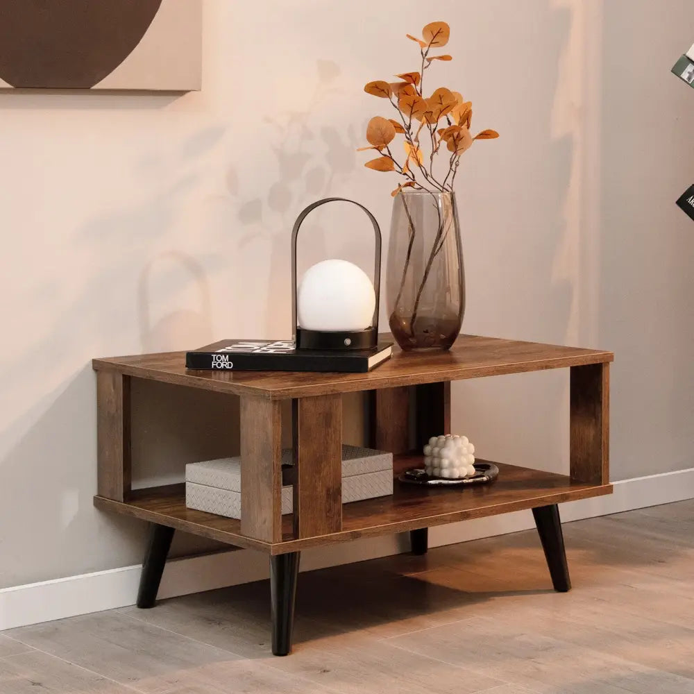 Compact Retro Mid-Century Coffee Table with Storage Open Shelf-Rustic Brown - Rustic Brown - Coffee Tables