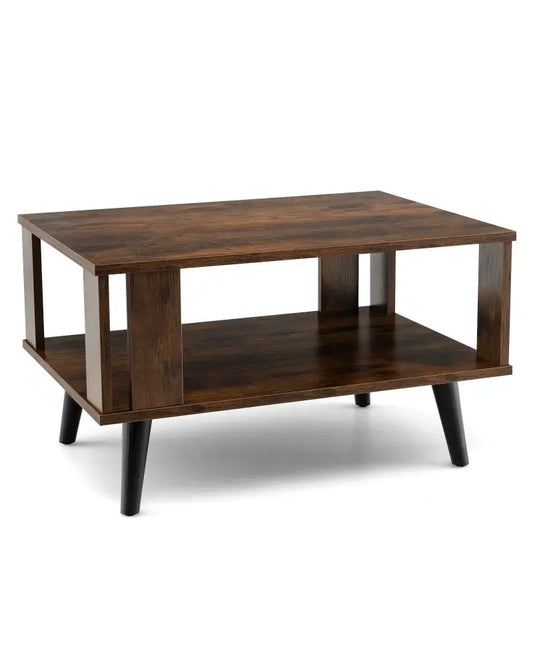 Compact Retro Mid-Century Coffee Table with Storage Open Shelf-Rustic Brown - Rustic Brown - Coffee Tables