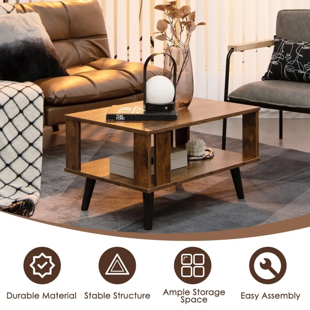 Compact Retro Mid-Century Coffee Table with Storage Open Shelf-Rustic Brown - Rustic Brown - Coffee Tables