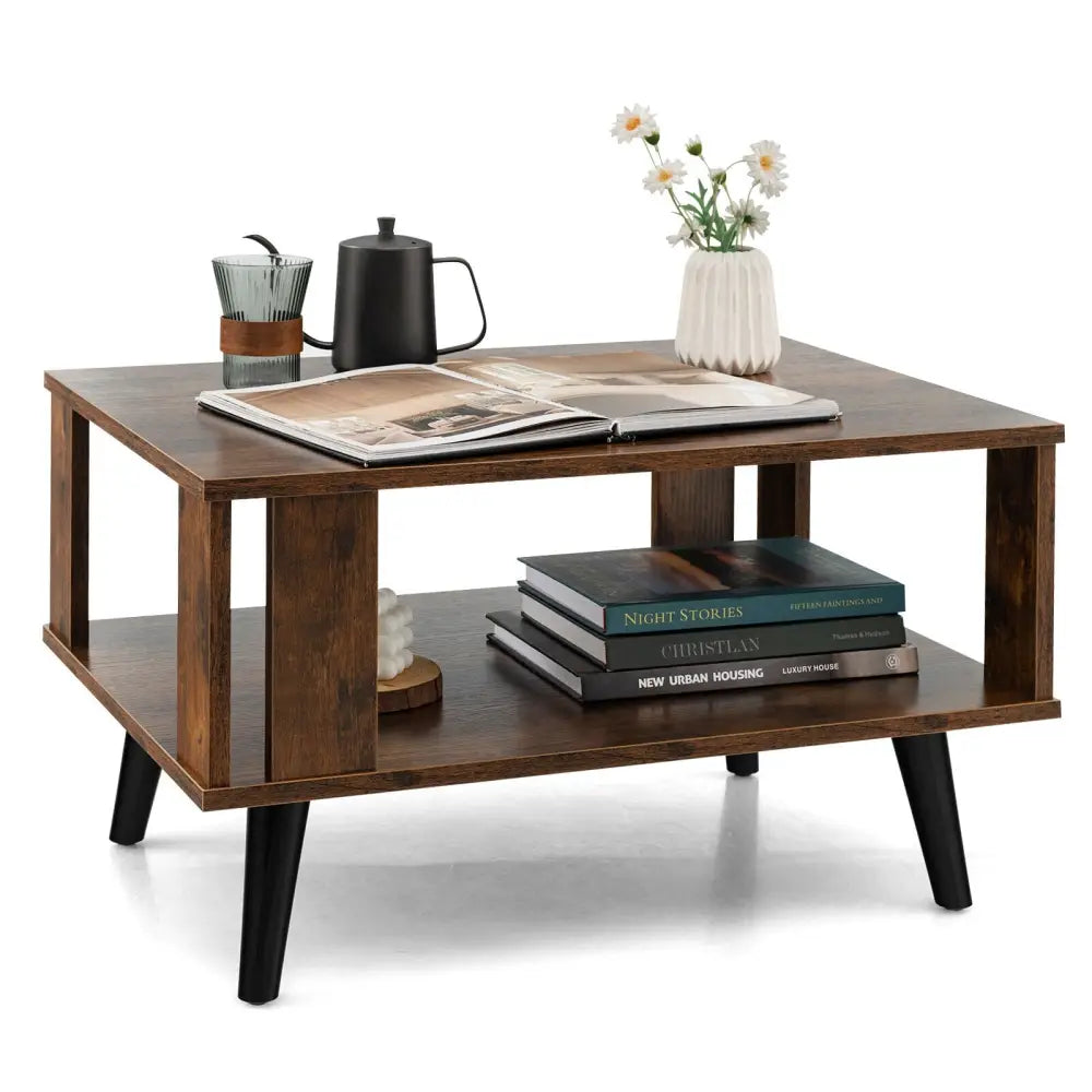 Compact Retro Mid-Century Coffee Table with Storage Open Shelf-Rustic Brown - Rustic Brown - Coffee Tables
