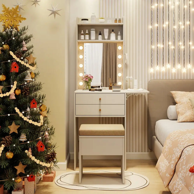 Compact Vanity Desk Set with 3-Color Lighted Mirror and Power Outlets-White - White - Makeup Vanities
