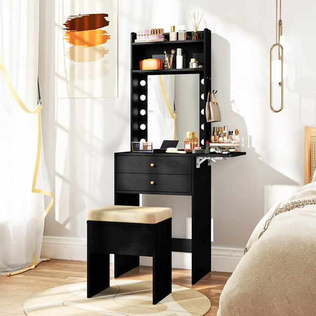 Compact Vanity Desk Set with 3-Color Lighted Mirror and Power Outlets-Black - Black - Makeup Vanities