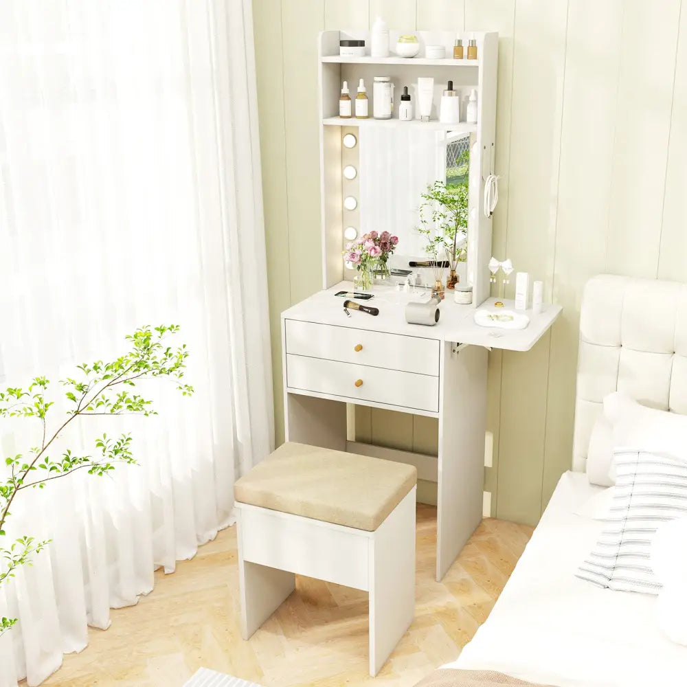 Compact Vanity Desk Set with 3-Color Lighted Mirror and Power Outlets-White - White - Makeup Vanities