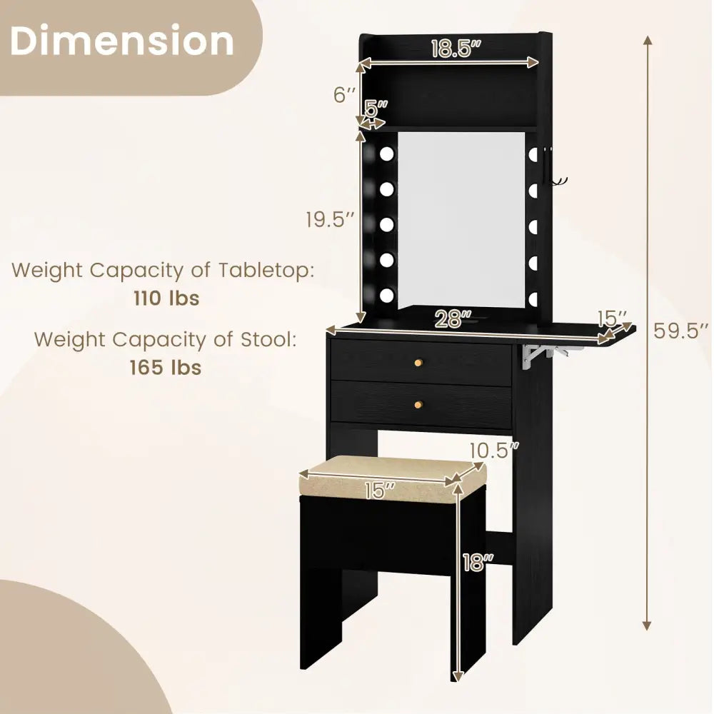 Compact Vanity Desk Set with 3-Color Lighted Mirror and Power Outlets-Black - Black - Makeup Vanities