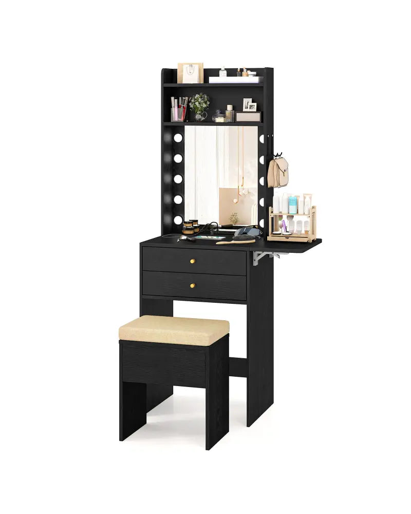 Compact Vanity Desk Set with 3-Color Lighted Mirror and Power Outlets-Black - Black - Makeup Vanities