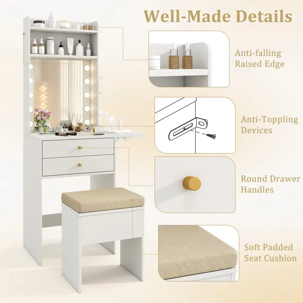 Compact Vanity Desk Set with 3-Color Lighted Mirror and Power Outlets-White - White - Makeup Vanities