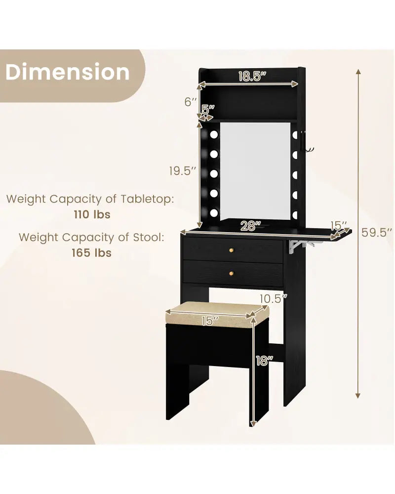 Compact Vanity Desk Set with 3-Color Lighted Mirror and Power Outlets-Black - Black - Makeup Vanities