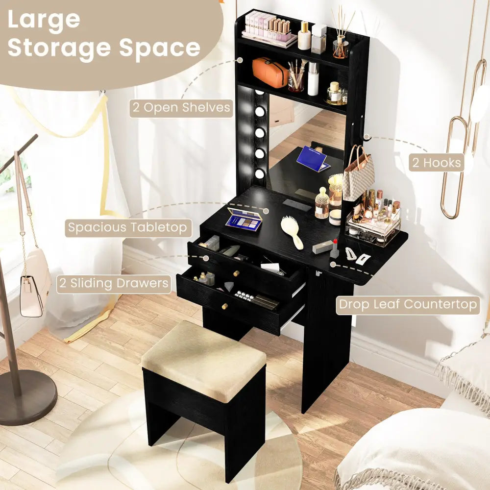Compact Vanity Desk Set with 3-Color Lighted Mirror and Power Outlets-Black - Black - Makeup Vanities