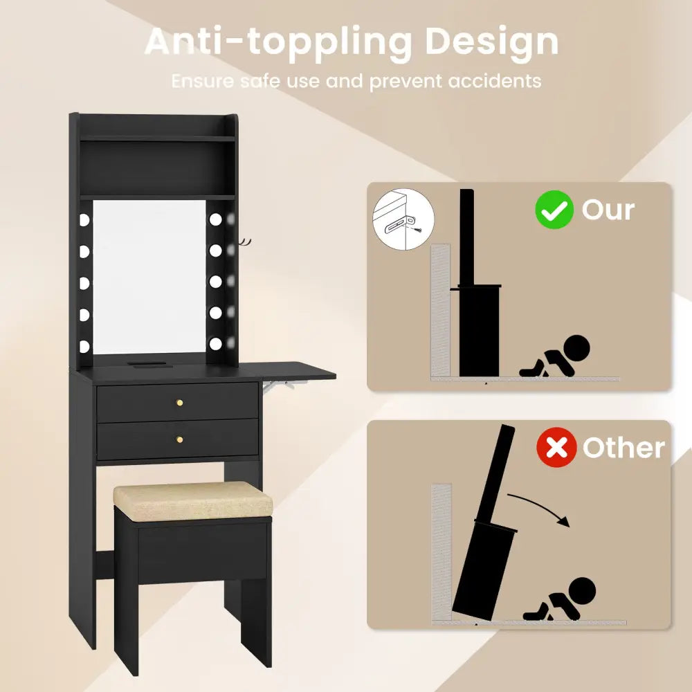 Compact Vanity Desk Set with 3-Color Lighted Mirror and Power Outlets-Black - Black - Makeup Vanities