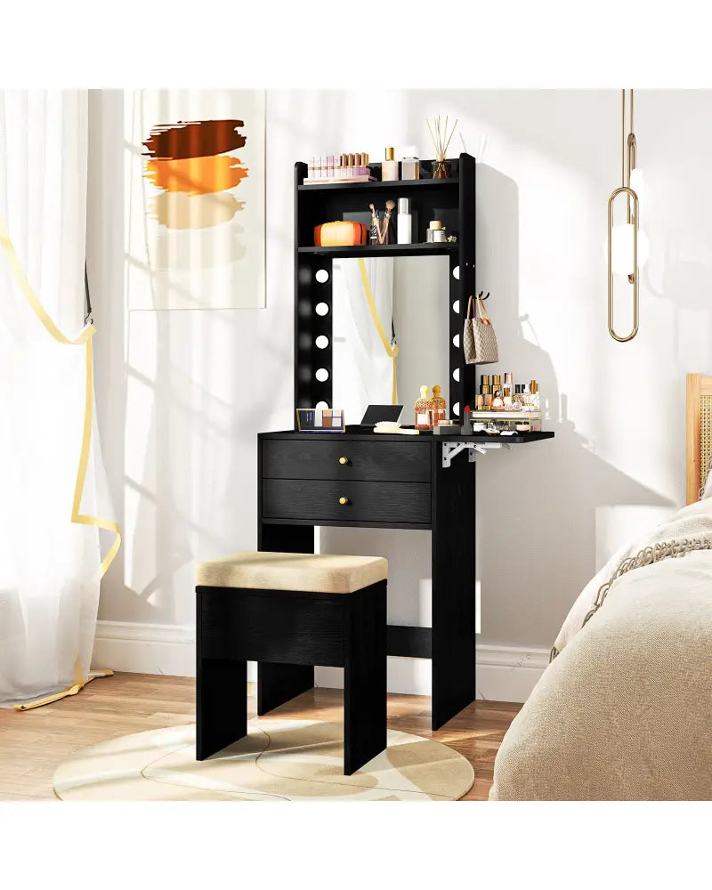 Compact Vanity Desk Set with 3-Color Lighted Mirror and Power Outlets-Black - Black - Makeup Vanities