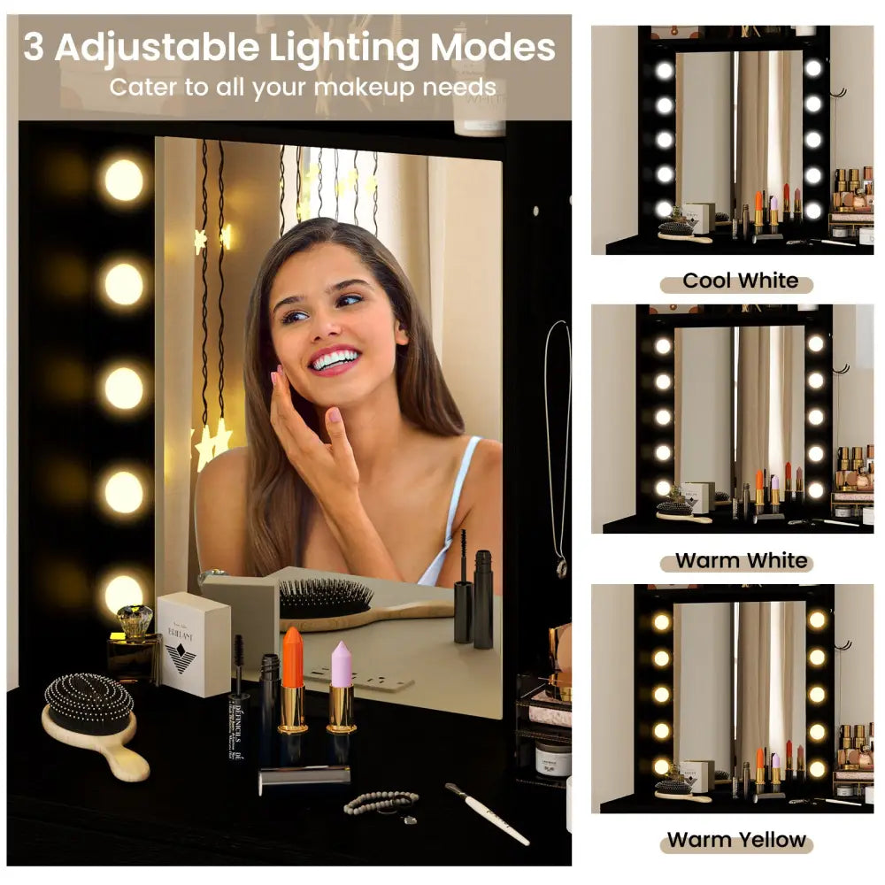 Compact Vanity Desk Set with 3-Color Lighted Mirror and Power Outlets-Black - Black - Makeup Vanities