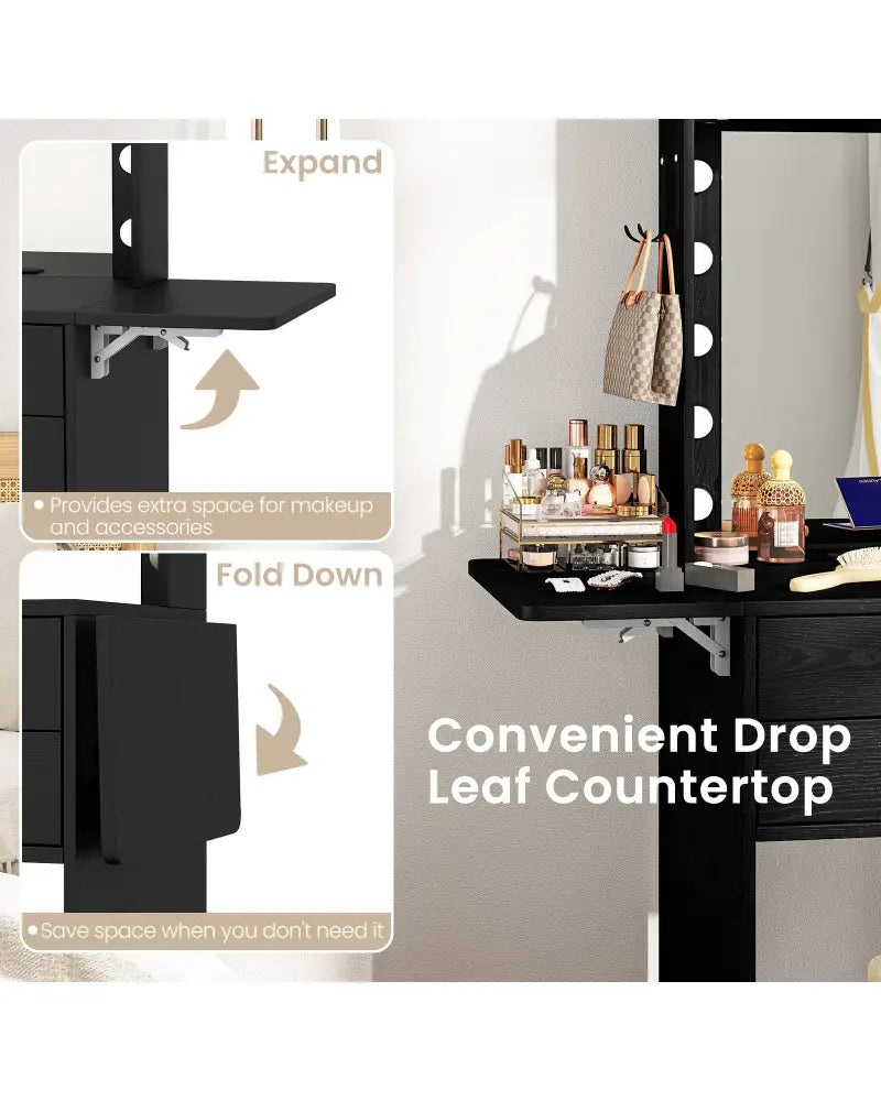 Compact Vanity Desk Set with 3-Color Lighted Mirror and Power Outlets-Black - Black - Makeup Vanities