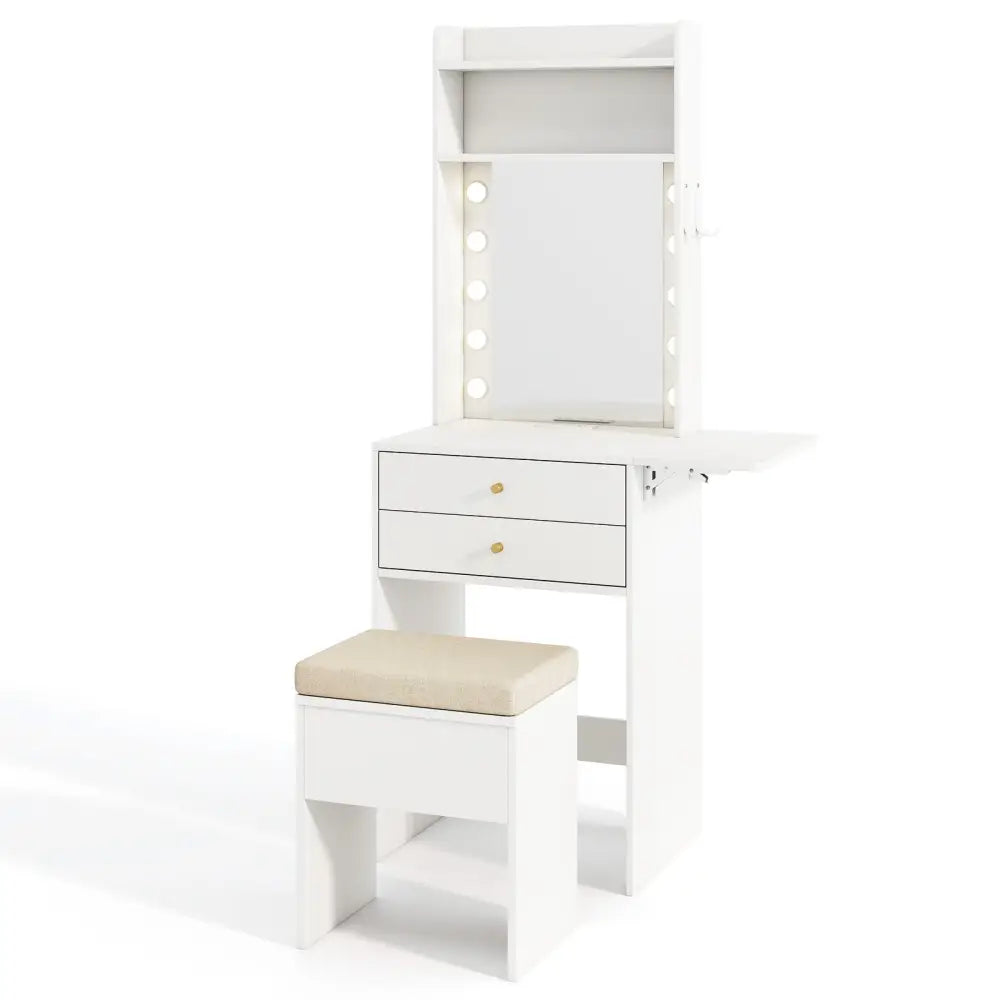 Compact Vanity Desk Set with 3-Color Lighted Mirror and Power Outlets-White - White - Makeup Vanities