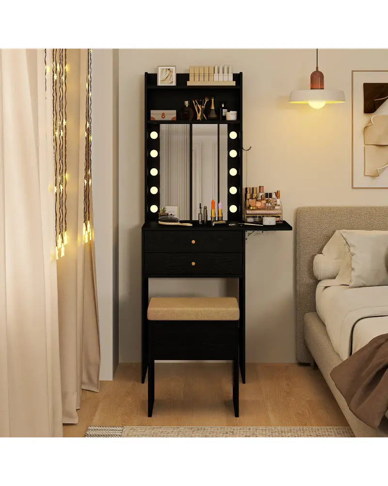 Compact Vanity Desk Set with 3-Color Lighted Mirror and Power Outlets-Black - Black - Makeup Vanities