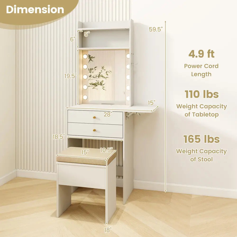 Compact Vanity Desk Set with 3-Color Lighted Mirror and Power Outlets-White - White - Makeup Vanities