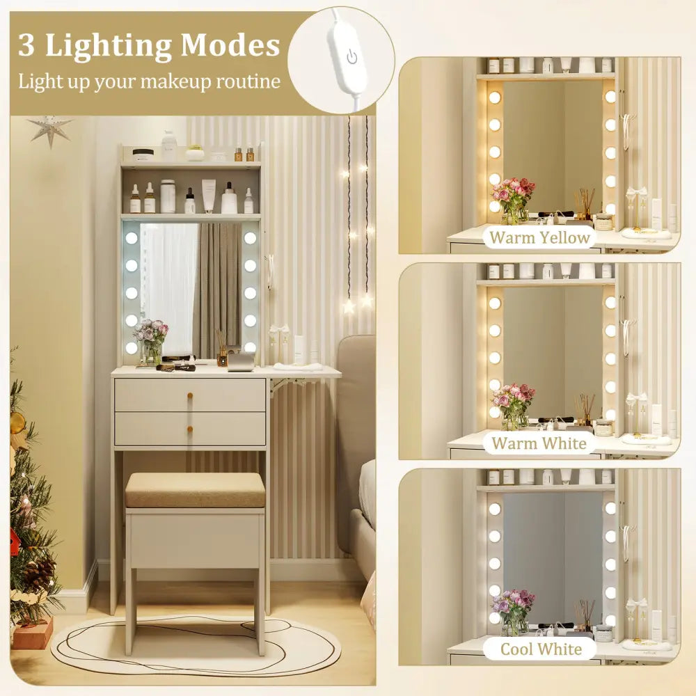 Compact Vanity Desk Set with 3-Color Lighted Mirror and Power Outlets-White - White - Makeup Vanities