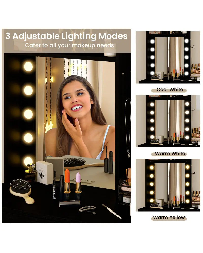 Compact Vanity Desk Set with 3-Color Lighted Mirror and Power Outlets-Black - Black - Makeup Vanities