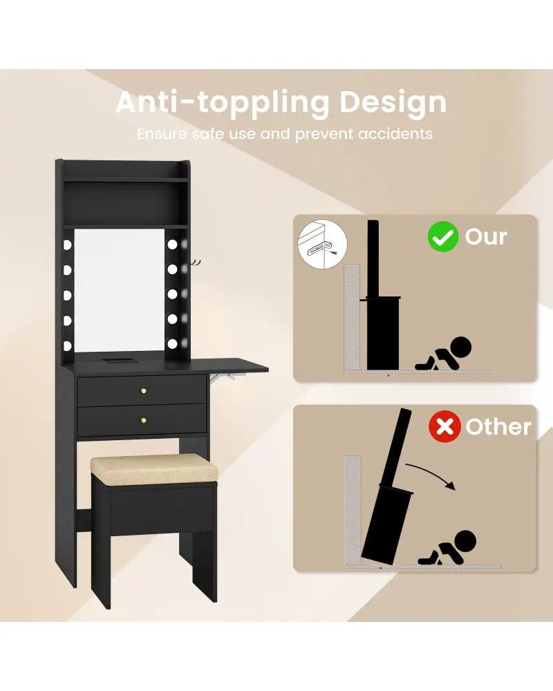 Compact Vanity Desk Set with 3-Color Lighted Mirror and Power Outlets-Black - Black - Makeup Vanities