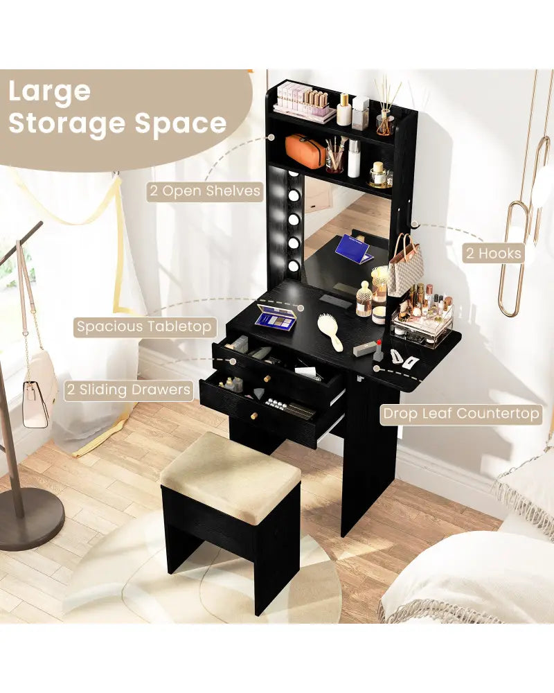 Compact Vanity Desk Set with 3-Color Lighted Mirror and Power Outlets-Black - Black - Makeup Vanities
