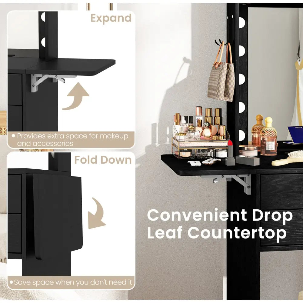 Compact Vanity Desk Set with 3-Color Lighted Mirror and Power Outlets-Black - Black - Makeup Vanities