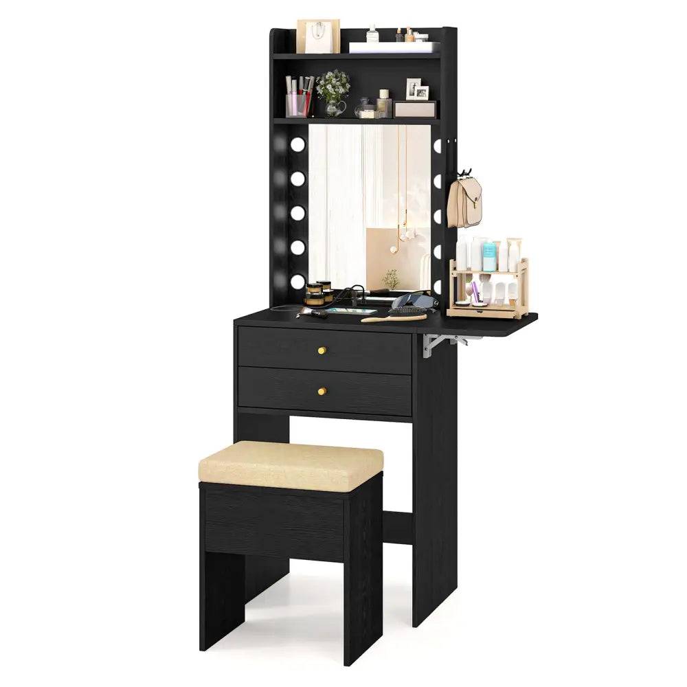 Compact Vanity Desk Set with 3-Color Lighted Mirror and Power Outlets-Black - Black - Makeup Vanities