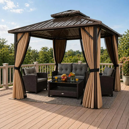 Complete Outdoor Lounge Ensemble: All-Weather 10’ x 10’ Hardtop Gazebo and 4-Piece Patio Conversation Set - Outdoor &