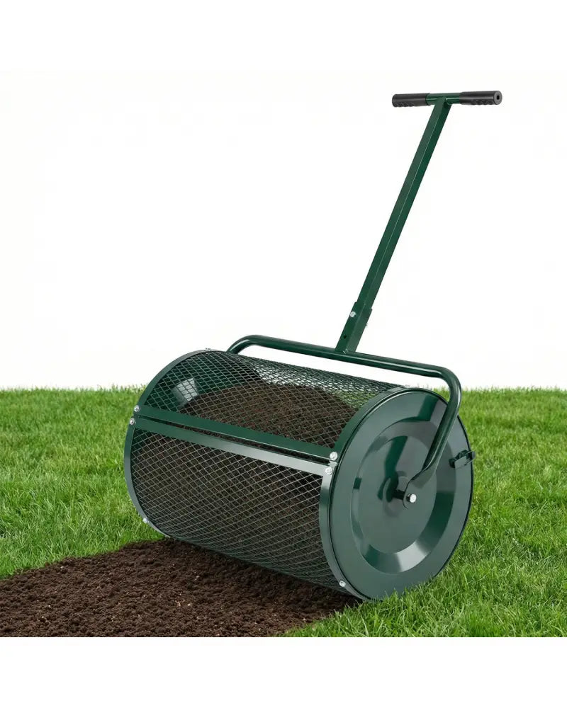 Compost Spreader 24 Inch Peat Moss Spreader Roller with Height-adjustable T-shape Handle-Green - Green - Lawn Care Tools