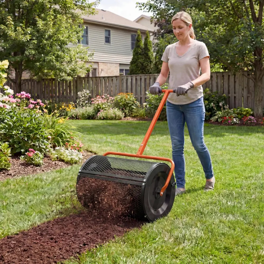 Compost Spreader 24 Inch Peat Moss Spreader Roller with Height-adjustable T-shape Handle-Orange - Orange - Lawn Care