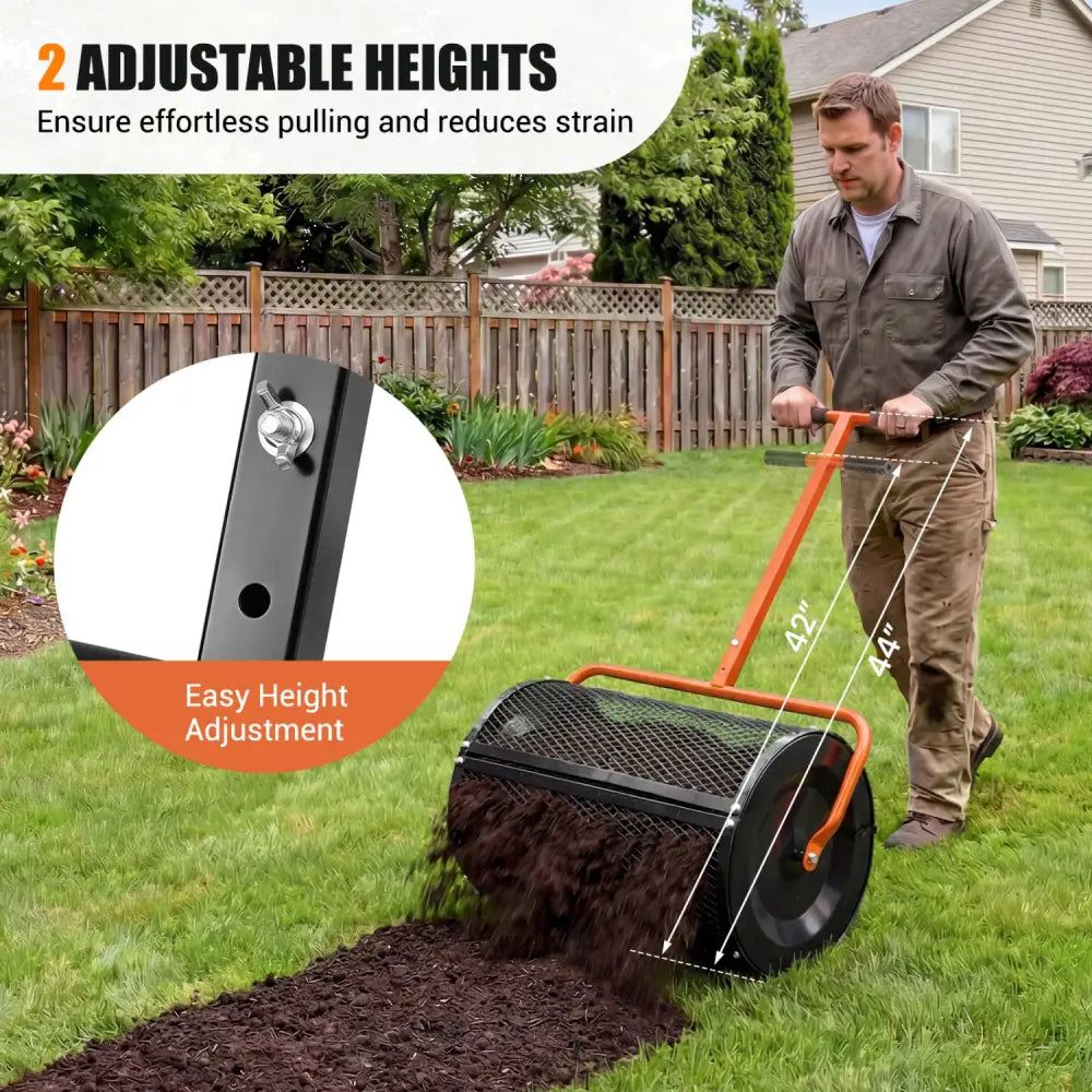 Compost Spreader 24 Inch Peat Moss Spreader Roller with Height-adjustable T-shape Handle-Orange - Orange - Lawn Care