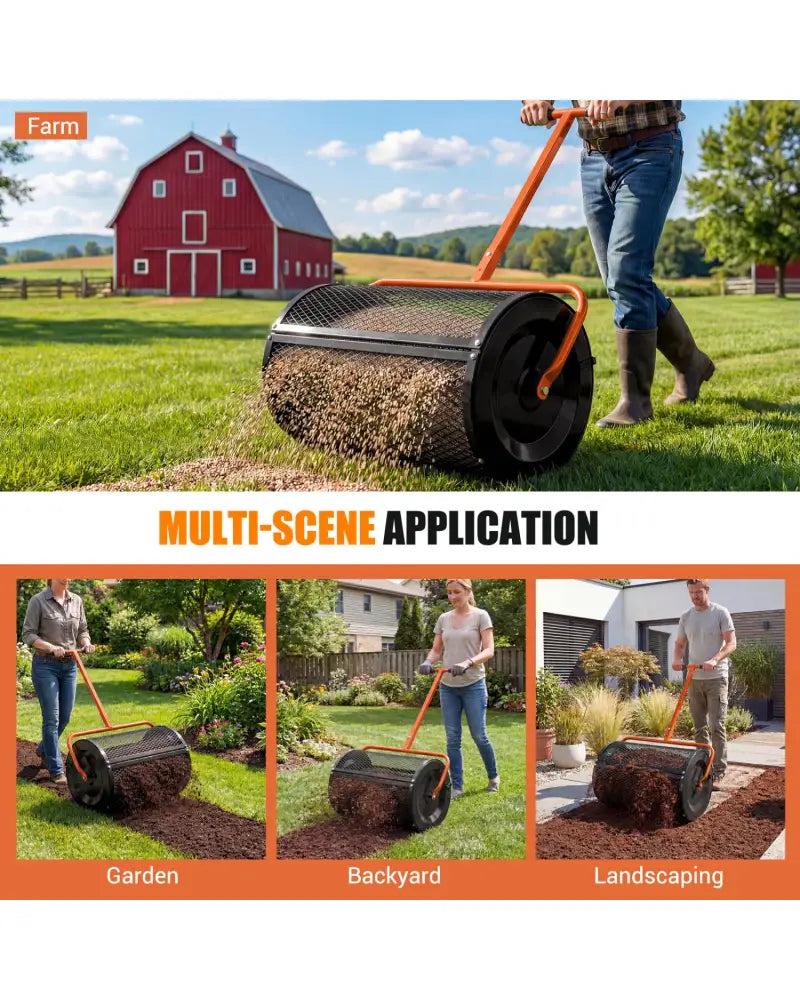 Compost Spreader 24 Inch Peat Moss Spreader Roller with Height-adjustable T-shape Handle-Orange - Orange - Lawn Care