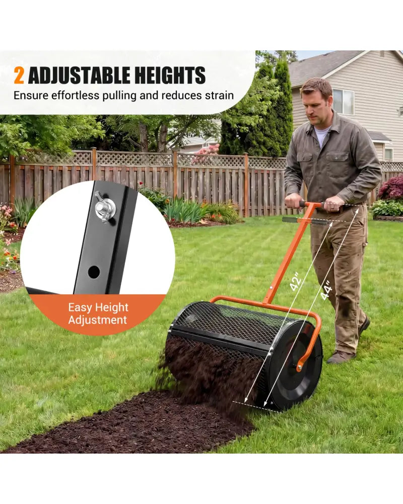 Compost Spreader 24 Inch Peat Moss Spreader Roller with Height-adjustable T-shape Handle-Orange - Orange - Lawn Care