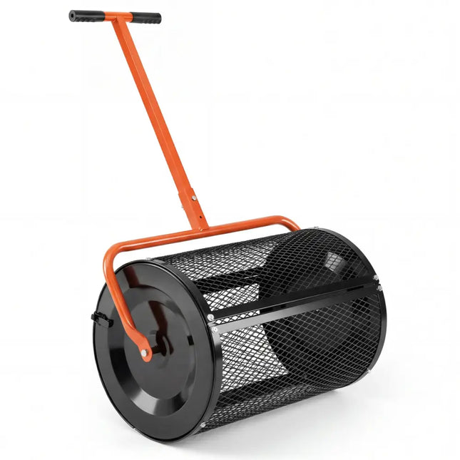 Compost Spreader 24 Inch Peat Moss Spreader Roller with Height-adjustable T-shape Handle-Orange - Orange - Lawn Care