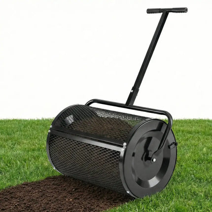 Compost Spreader 24 Inch Peat Moss Spreader Roller with Height-adjustable T-shape Handle-Black - Black - Lawn Care Tools
