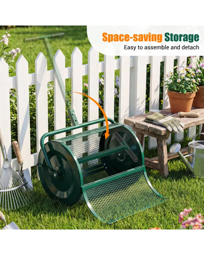 Compost Spreader 24 Inch Peat Moss Spreader Roller with Height-adjustable T-shape Handle-Green - Green - Lawn Care Tools