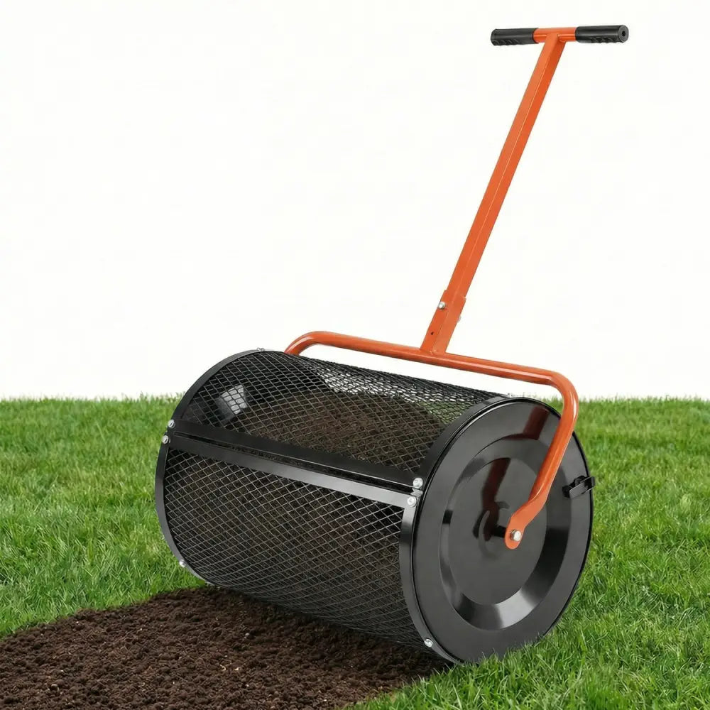 Compost Spreader 24 Inch Peat Moss Spreader Roller with Height-adjustable T-shape Handle-Orange - Orange - Lawn Care