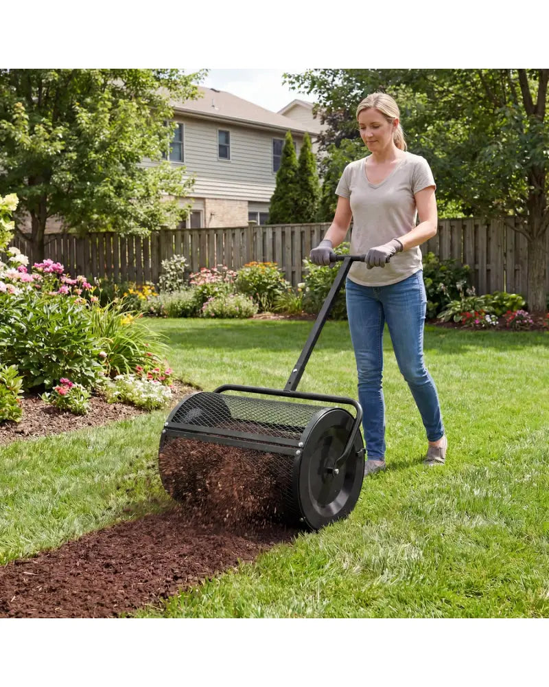 Compost Spreader 24 Inch Peat Moss Spreader Roller with Height-adjustable T-shape Handle-Black - Black - Lawn Care Tools